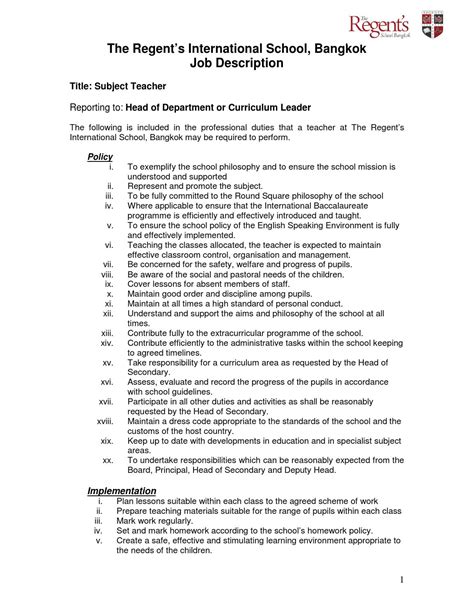 Job Description Subject Teacher By The Regents International School