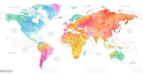 High Detailed Multicolor Watercolor World Map On White Side View Stock
