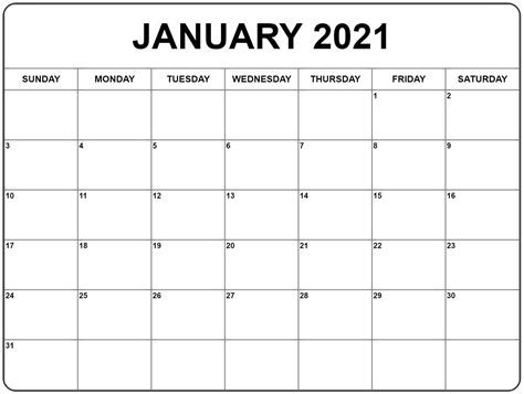 Free 12 Month Word Calendar Template 2021 Printable January 2021