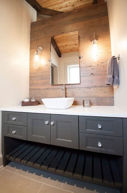 Gray Bathroom Vanity Reclaimed Wood Accent Wall Country Bathroom