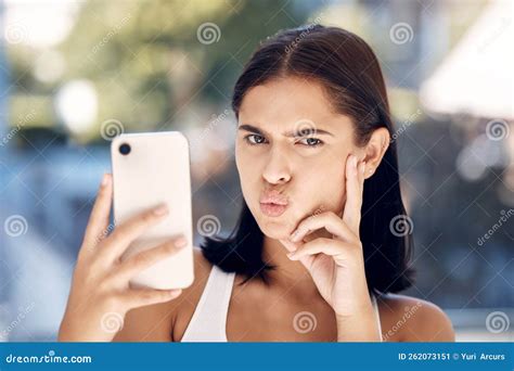 woman phone selfie and funny face portrait and picture for online social media or internet