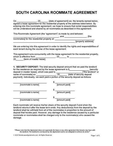South Carolina Roommate Agreement Pdf Ms Word Free Printable