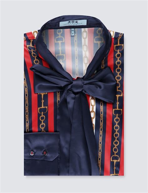 Womens Navy Red Chains Print Fitted Blouse Single Cuff Pussy Bow