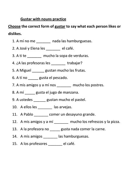 Gustar With Nouns Practice Amanda Rieder Library Formative