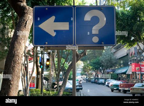 One Way Road Sign And Question Mark On The Streets Of Mexico City Stock