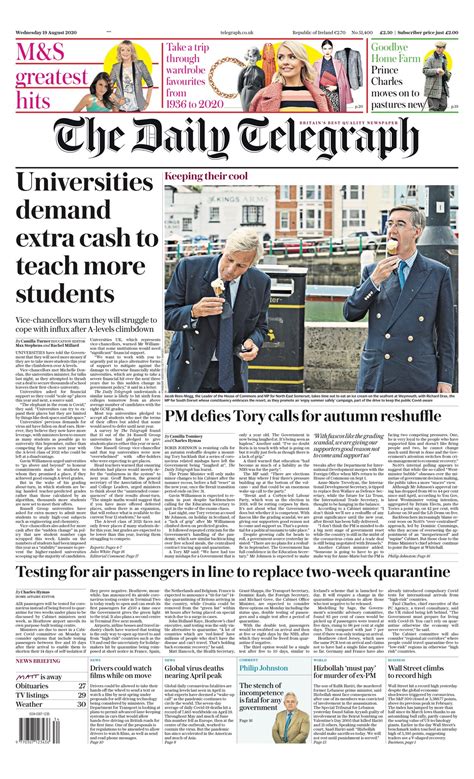 Daily Telegraph Front Page 19th Of August 2020 Todays