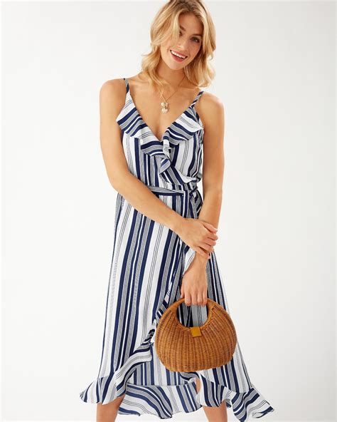 Tommy Bahama Synthetic Tan Lines Stripes Ruffled Wrap Dress In Blue Lyst
