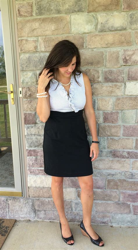 Polka Dots Pencil Skirt Wedges Pearls Mom Outfits Dress Outfits Casual Outfits Real Mom