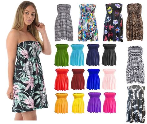 Womens Ladies Plain Boob Tube Sheering Bandeau Top Summer Dress Plus Sizes Ebay