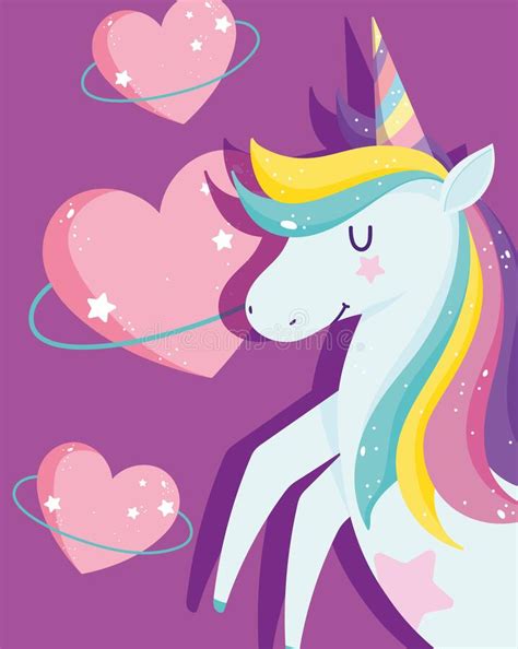Unicorns With Rainbow Mane Bright Hearts Love Fantasy Cartoon Stock