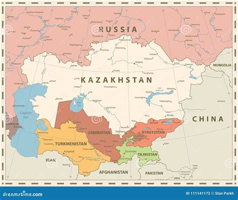 Colores Retros Del Mapa Político De Asia Central Ilustración Del Vector