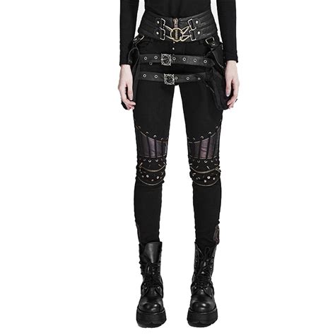 Punk Rave Women Steampunk Street Cool Pu Leather Stitching Rivet Trousers Gothic Personality