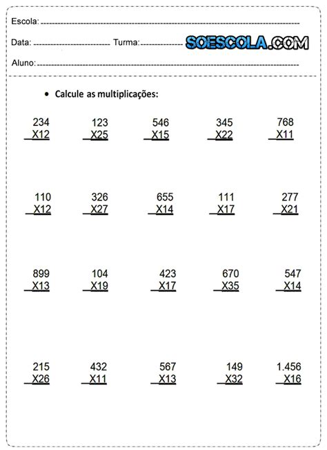 Multiplicação Atividades Para 4º Ano SÓ Escola