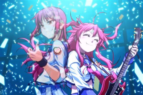 2girls Angel Beats Fang Guitar Instrument Iwasawa Masami Long Hair