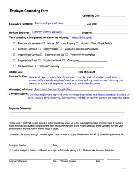 Top 6 Employee Counseling Form Templates Free To Download