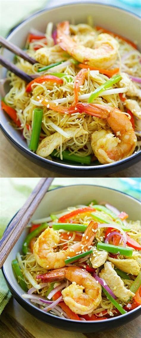 Two Pictures Of Shrimp Noodles And Vegetables In A Bowl With