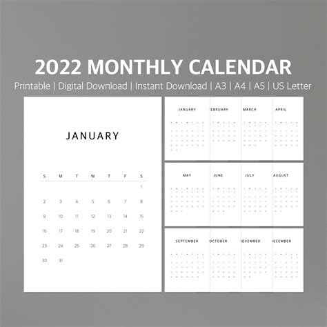 Wall Calendar 2022 Printable Monthly Calendar A4 A5 A3 Etsy