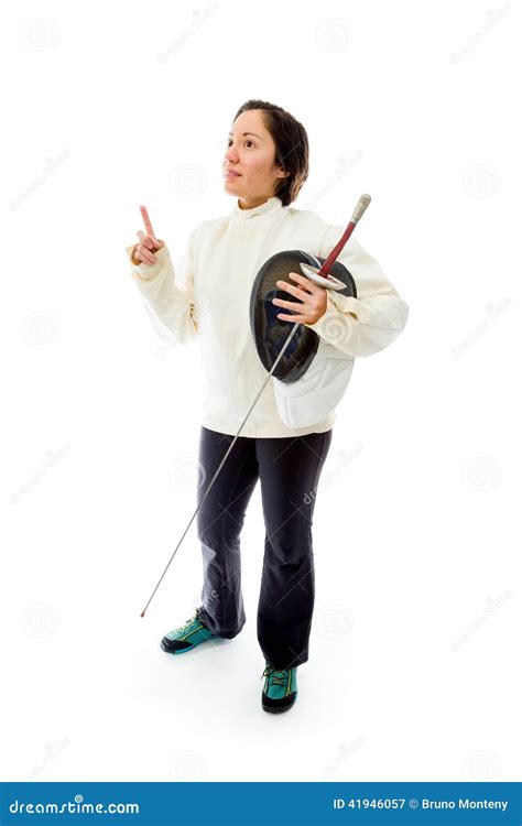 Female Fencer Holding A Mask And Sword With Pointing Up Stock Image
