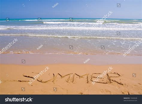 Beautiful Exotic Beach In Mediterranean With A Sign Stock Photo