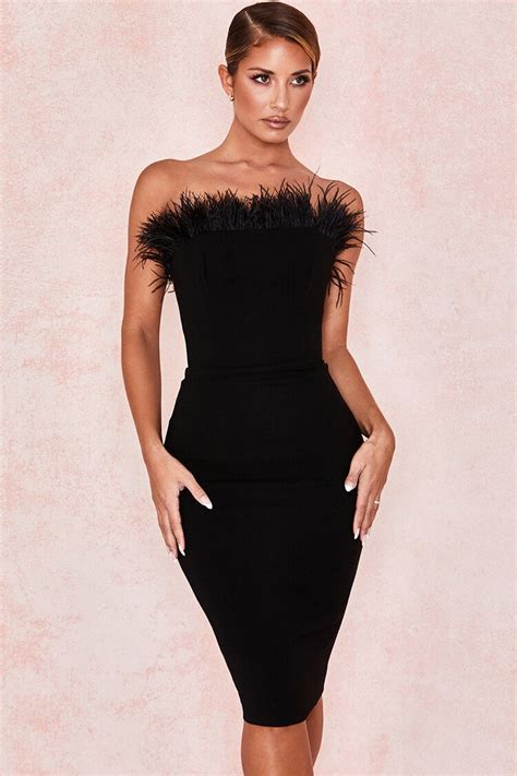 Cutesove Strapless Bodycon Feather Midi Cocktail Party Dress Black Cutesove