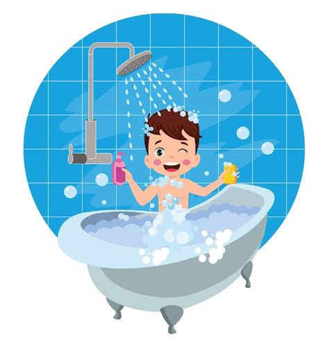Premium Vector Little Kid Take A Shower And Wash Body