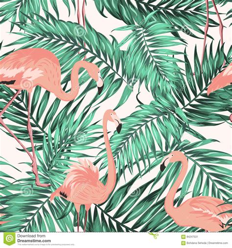 Turquoise Green Tropical Leaves Flamingo Pattern Cartoon Vector