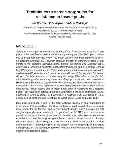 Pdf Techniques To Screen Sorghum S For Resistance To Insect Pests Dokumentips