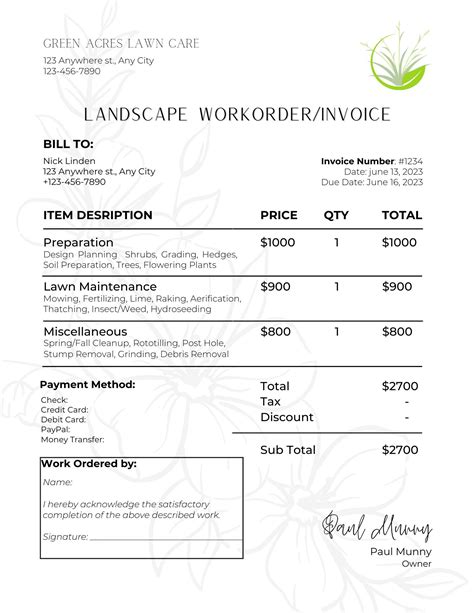 Landscape Lawncare Workorder Invoice Editable Template Printable