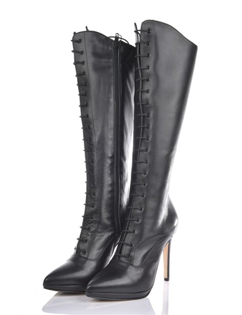 High Lace Up Knee Boots With Platform Heels In Genuine Leather Italian High Heels By Sanctum Shoes