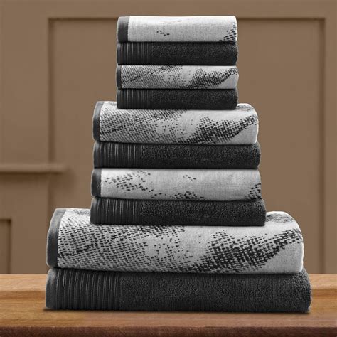 10 Piece Cotton Bath Towel Set Marble Complete Black Dorm Bathroom