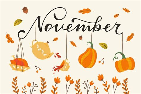 Premium Vector November Hand Lettering With Autumn Leaves Hand Drawn