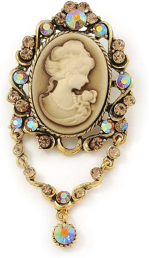 Avalaya Vintage Inspired Champagneab Crystal Cameo With Charm Brooch