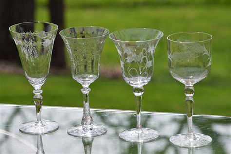 vintage etched wine glasses set of 4 set of 4 mis matched etched wine glasses wine glass