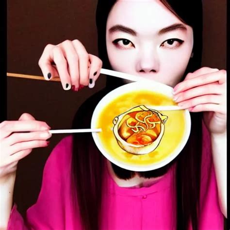 Beautiful Japanese Female Model Eating Ramen Soup Stable Diffusion