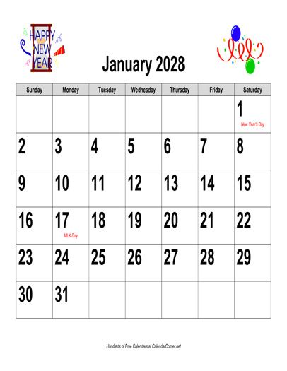 Free 2028 Large Number Holiday Graphics Calendar Landscape With Holidays