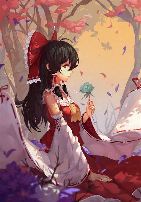 1girl ahoge ascot autumn black hair blue rose blurry bow breasts brown eyes… mobile wallpaper