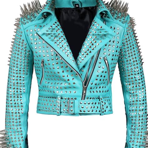Handcrafted Women Silver Long Studded Genuine Leather Jacket Etsy