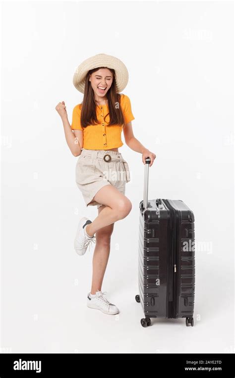Woman Tourist Full Length Happy Young Woman Standing With Suitcase