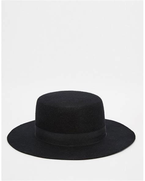 Asos Flat Top Hat In Black Felt With Wide Brim In Black