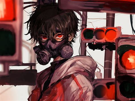Hd Wallpaper Anime Original Black Hair Gas Mask Red Eyes