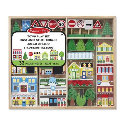 Melissa And Doug Wooden Town Play Set With Storage Tray 32 Pcs