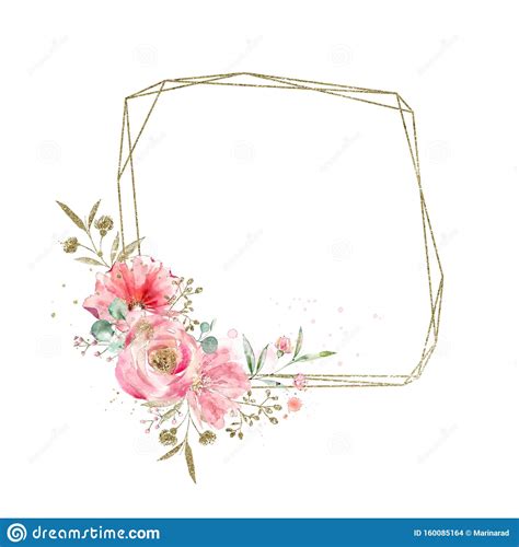 Abstract Geometry Gold Glitter Frame And Watercolor Flowers Stock