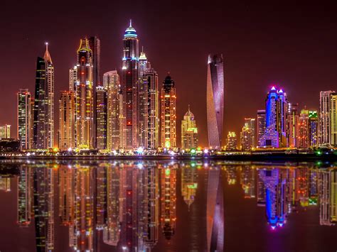 Gold Reflection Dubai Modern Buildings On The Marina Bay
