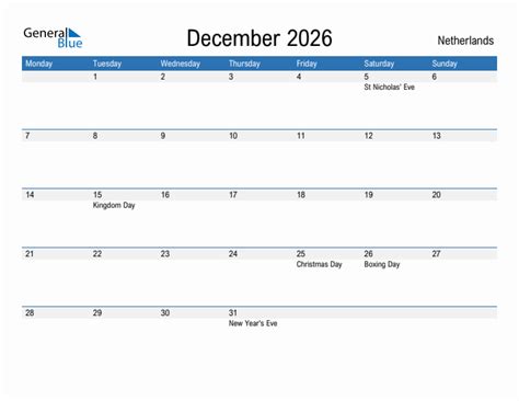 December 2026 Netherlands Monthly Calendar With Holidays