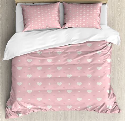 Pink Polka Dots Duvet Cover Set King Size Heart Speckles Romantic