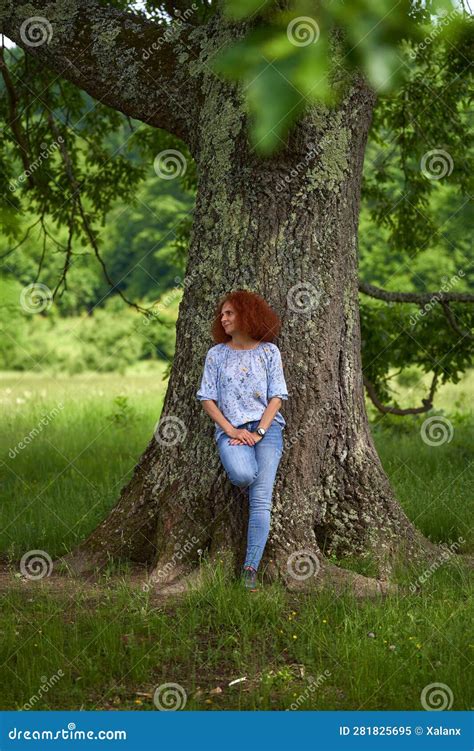 Redhead Curly Hair Woman In A Forest Stock Image Image Of Blouse