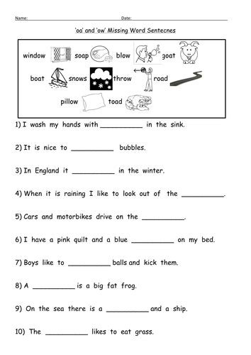 Being able to fill in a blank builds your students. oa and ow (oa) digraph worksheets | Teaching Resources