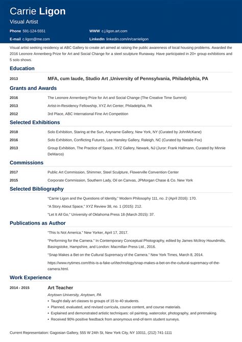 Artist Resumeartist Cv Sample—examples And Writing Tips