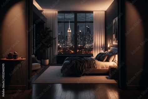 Generative Ai Illustration Of Luxury Penthouse Bedroom At Night