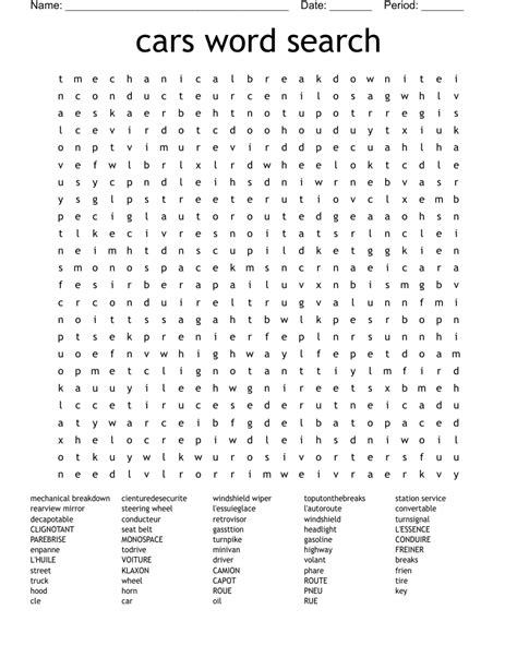 Types Of Cars Word Search